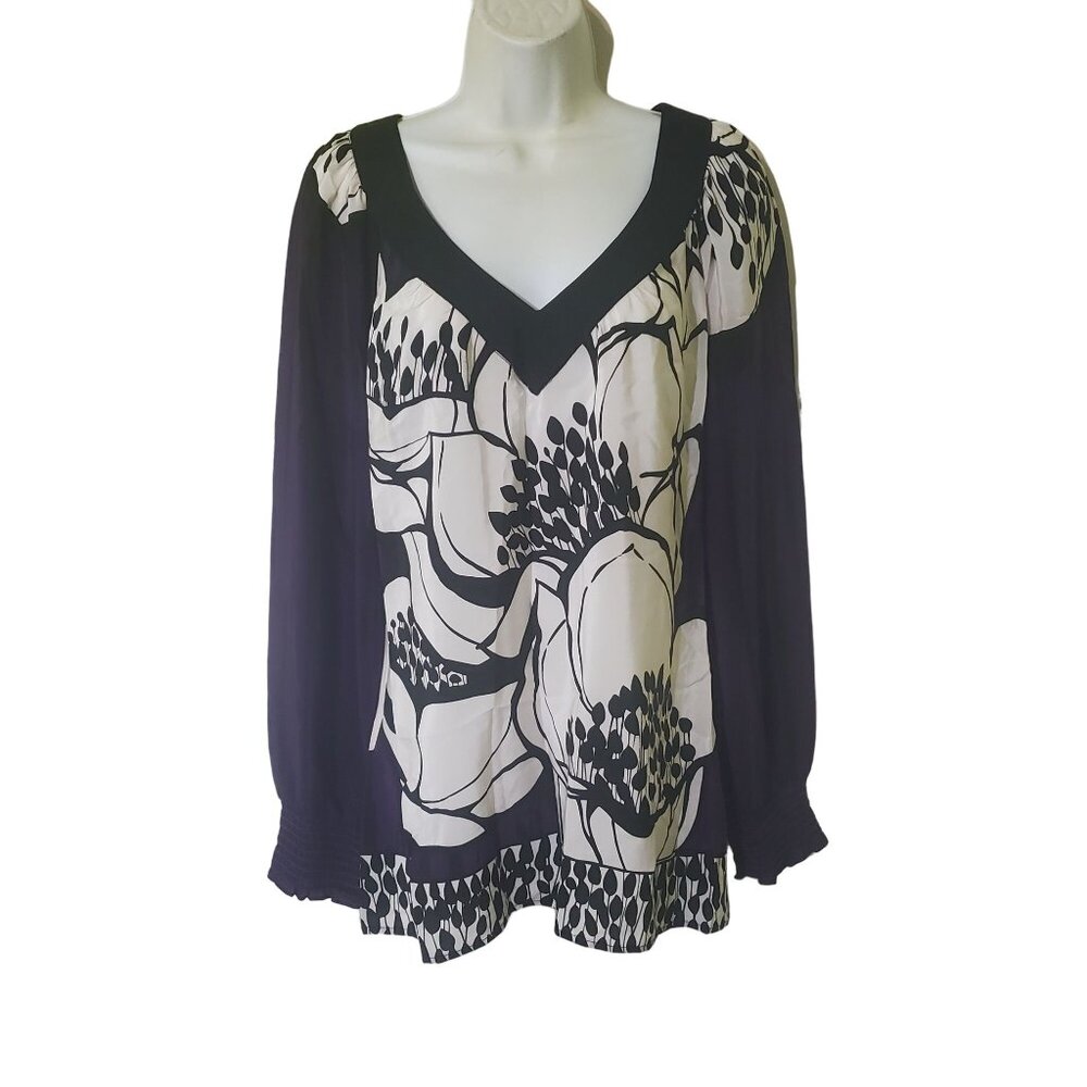Karen kane womens Long Sleeve  V-neck Blouse 100% Silk floral print sz  medium